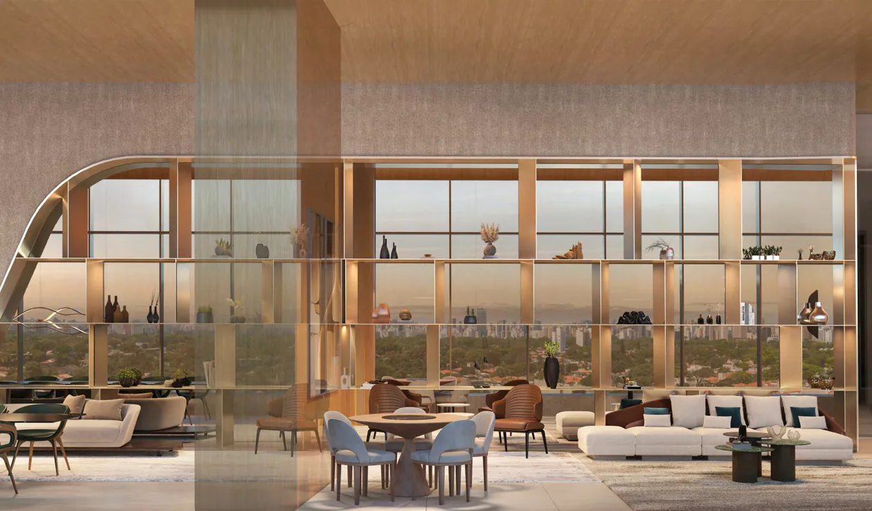 Perspectiva ilustrada do party lounge, com vista para a cidade — EPIC