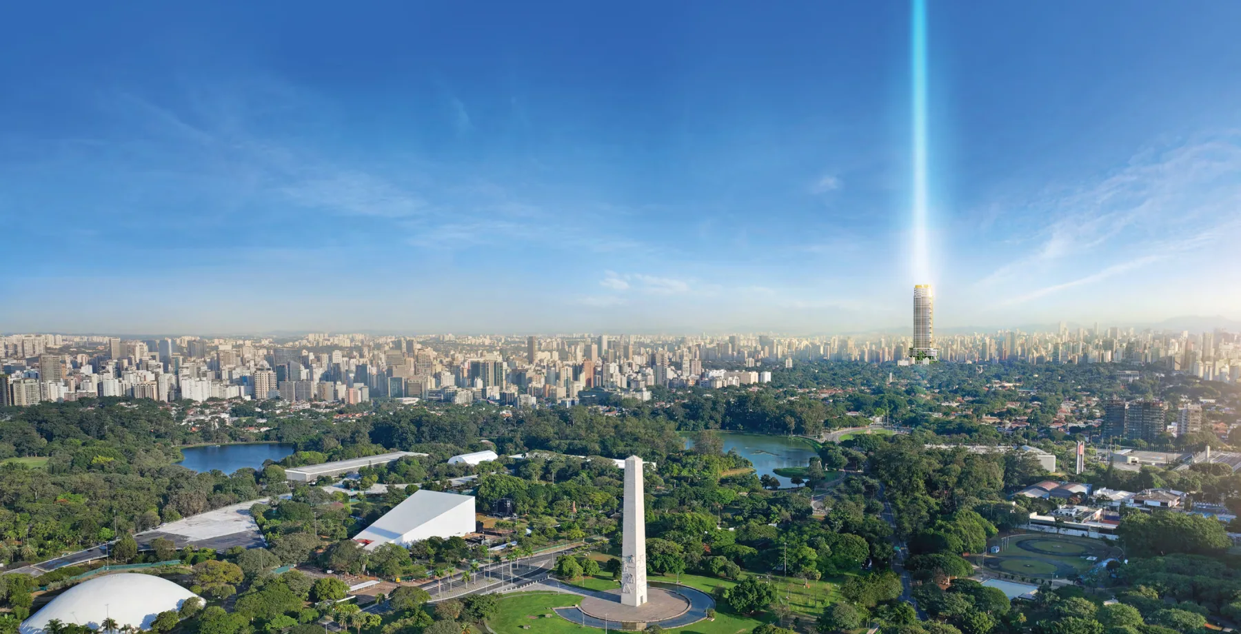 Fotomontagem aérea da região com a torre do EPIC no horizonte de São Paulo