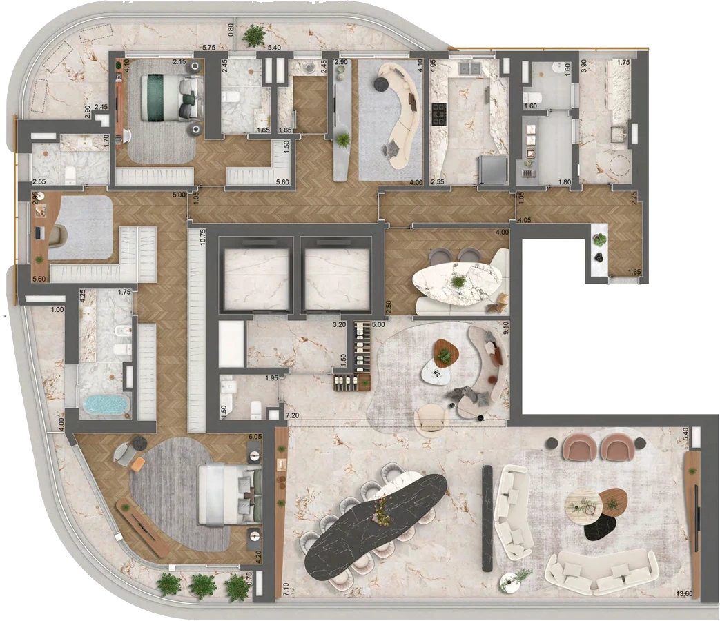 Planta Torre 1 · final 2 — 339 m² (331 + 8 de hall), 2 suítes (master ampliada) + sala de almoço + sala íntima + copa noturna