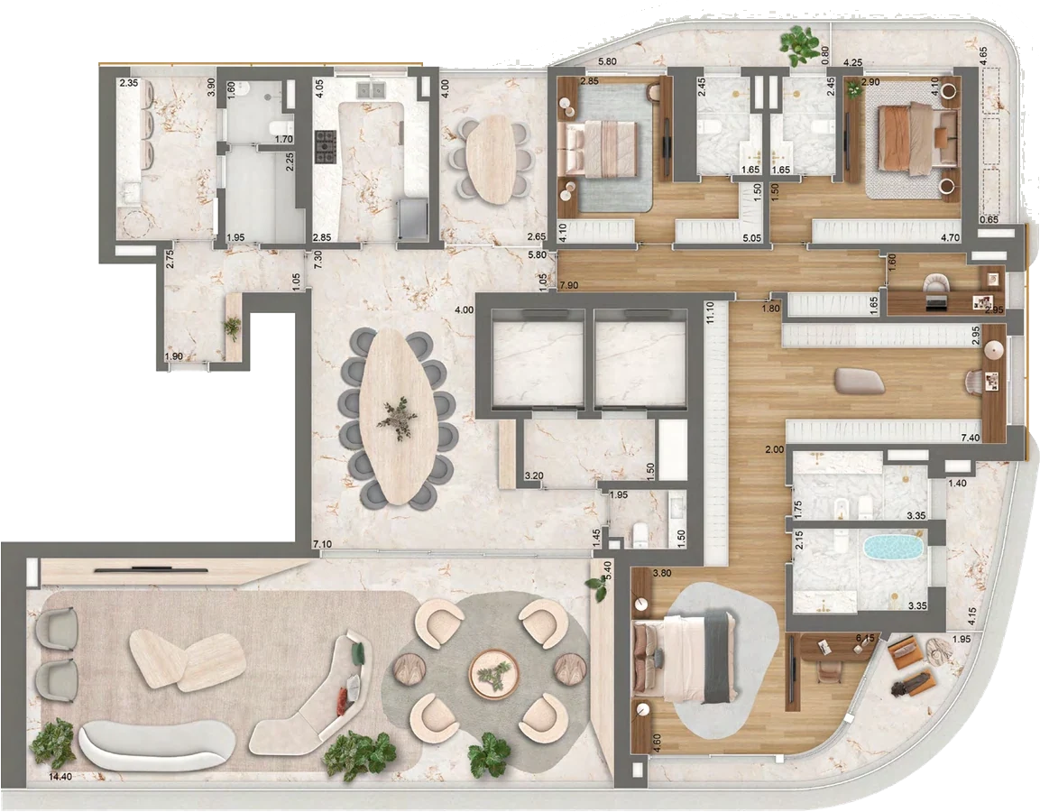 Planta Torre 1 · final 1 — 379 m² (373 + 6 de hall), 3 suítes (master ampliada) + sala de almoço + home office