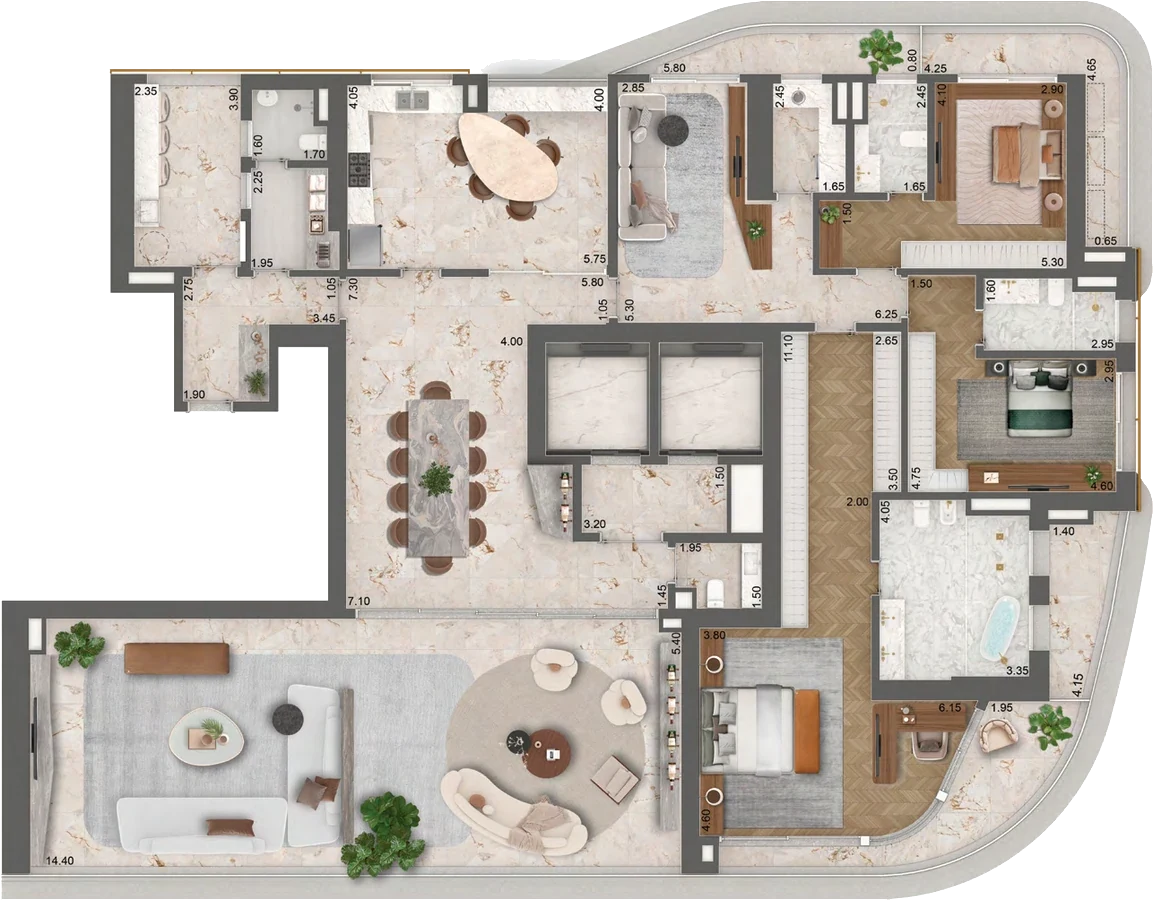 Planta Torre 1 · final 1 — 379 m² (373 + 6 de hall), 3 suítes + cozinha ampliada + sala íntima e copa noturna