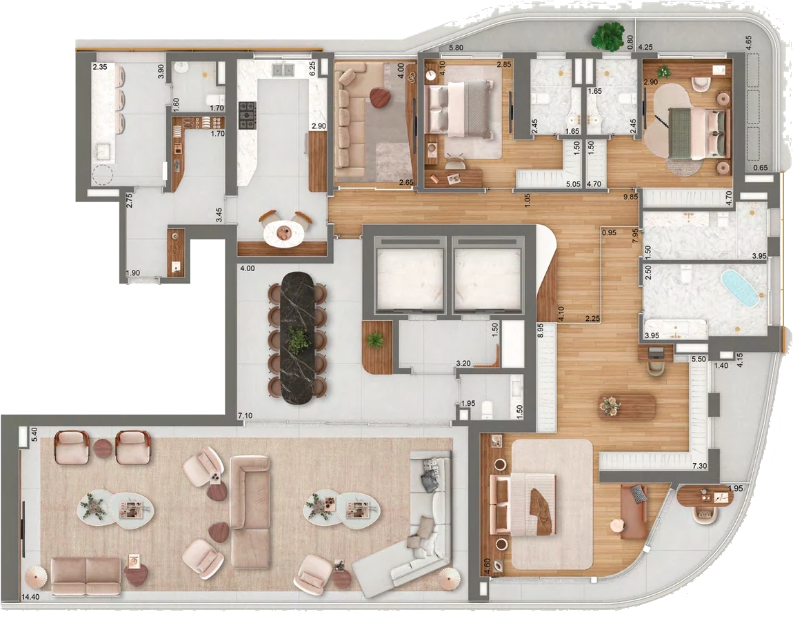 Planta Torre 1 · final 1 — 379 m² (373 + 6 de hall), 3 suítes (master ampliada) + sala íntima + copa
