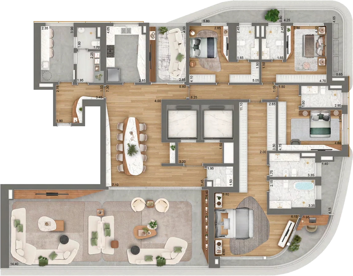 Planta Torre 1 · final 1 — 379 m² (373 + 6 de hall), 4 suítes + sala íntima