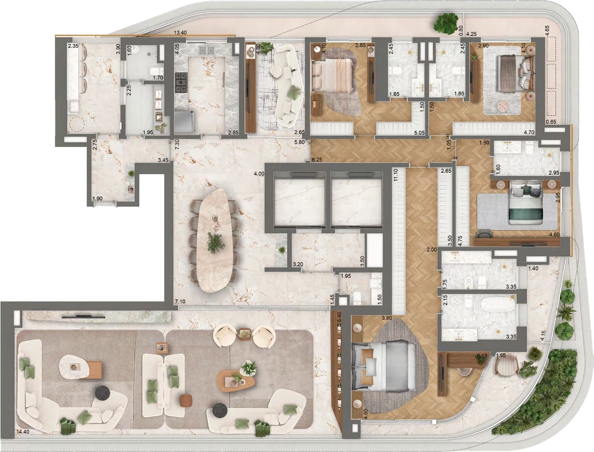 Planta Torre 1 · final 1* — 400,5 m² (394,5 + 6 de hall), 4 suítes + sala íntima