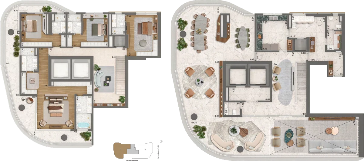 Planta Final 2 · 54º a 57º pavimentos — 536 m², Duplex · pavimento superior com 4 suítes e sala íntima