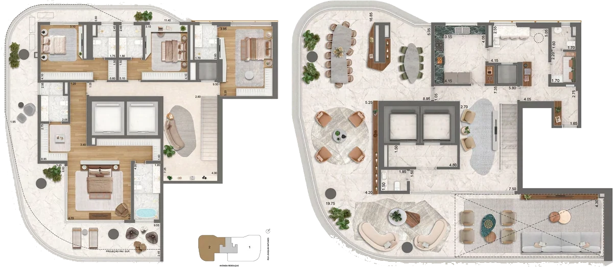 Planta Final 2 · 52º e 53º pavimentos — 565 m², Duplex · pavimento superior com 4 suítes e sala íntima