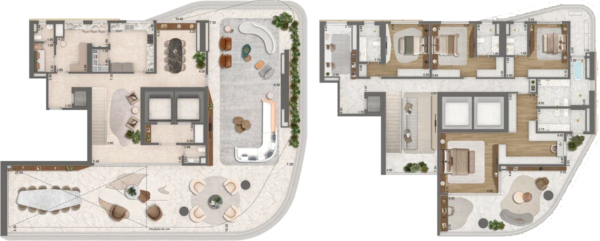 Planta Final 1 · 52º e 53º pavimentos — 637 m² (630 + 7 de hall), Duplex · pavimento inferior com 4 suítes, office e sala íntima